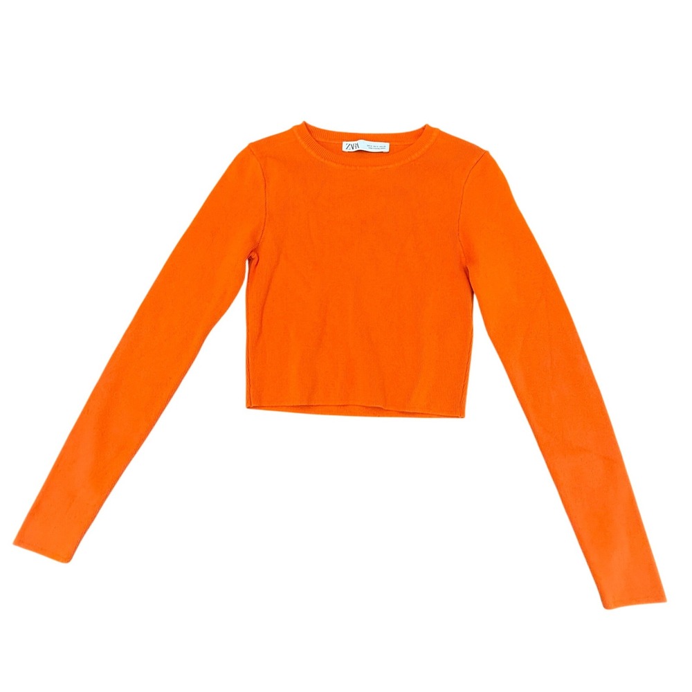 Zara Womens Orange Ribbed Knit Long Sleeve Cropped Crew Neck Top Size Medium